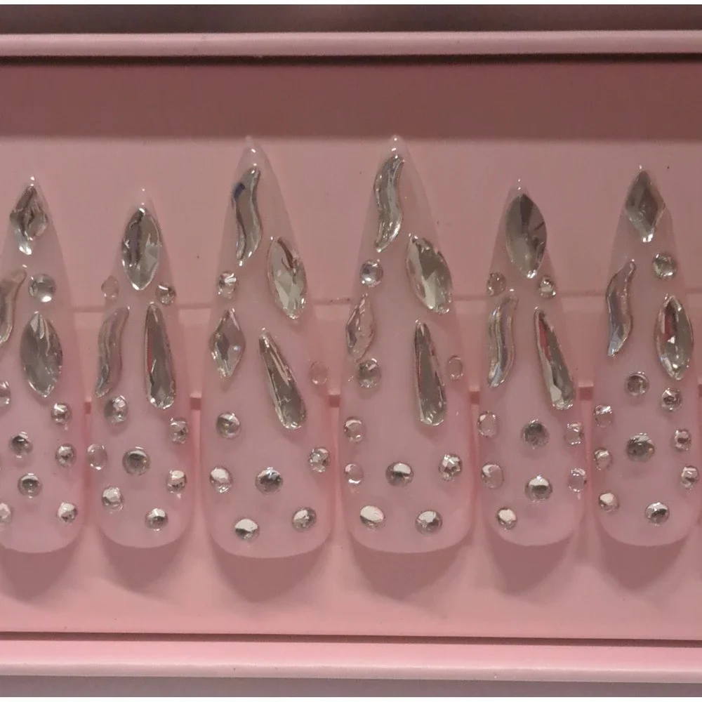 Handmade Almond Stiletto Press On Nails Pink Chrome Drip Rhinestone Bling Glam - Picture 4 of 5